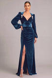 Navy Velvet Mermaid V-Neck Ruched Long Formal Dress with Slit