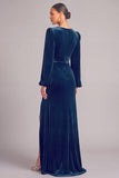 Navy Velvet Mermaid V-Neck Ruched Long Formal Dress with Slit