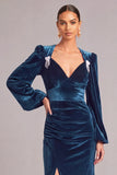Navy Velvet Mermaid V-Neck Ruched Long Formal Dress with Slit