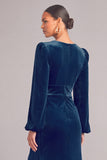 Navy Velvet Mermaid V-Neck Ruched Long Formal Dress with Slit