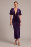 Plum Velvet Sheath V-Neck Puff Sleeves Midi Formal Dress