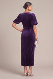 Plum Velvet Sheath V-Neck Puff Sleeves Midi Formal Dress