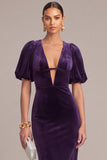Plum Velvet Sheath V-Neck Puff Sleeves Midi Formal Dress