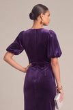Plum Velvet Sheath V-Neck Puff Sleeves Midi Formal Dress