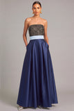 Sparkly Beaded Navy A-Line Strapless Long Formal Dress with Pocket