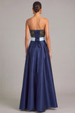 Sparkly Beaded Navy A-Line Strapless Long Formal Dress with Pocket