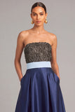 Sparkly Beaded Navy A-Line Strapless Long Formal Dress with Pocket