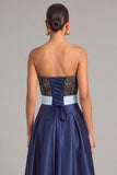 Sparkly Beaded Navy A-Line Strapless Long Formal Dress with Pocket