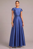 Royal Blue A-Line Round Neck Cap Sleeves Maxi Formal Dress with Belt