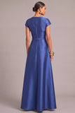 Royal Blue A-Line Round Neck Cap Sleeves Maxi Formal Dress with Belt