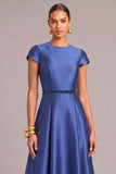 Royal Blue A-Line Round Neck Cap Sleeves Maxi Formal Dress with Belt