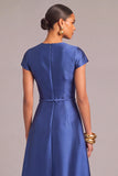 Royal Blue A-Line Round Neck Cap Sleeves Maxi Formal Dress with Belt