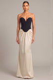 Black White Corset Sheath Strapless Ruched Maxi Formal Dress