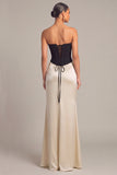 Black White Corset Sheath Strapless Ruched Maxi Formal Dress