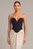 Black White Corset Sheath Strapless Ruched Maxi Formal Dress