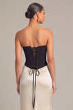Black White Corset Sheath Strapless Ruched Maxi Formal Dress