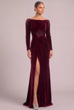 Sparkly Beaded Burgundy Sheath Off the Shoulder Long Formal Dress with Slit