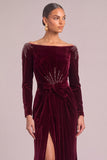 Sparkly Beaded Burgundy Sheath Off the Shoulder Long Formal Dress with Slit