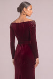 Sparkly Beaded Burgundy Sheath Off the Shoulder Long Formal Dress with Slit