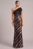 Sparkly Srquins Black Sheath One Shoulder Maxi Formal Dress with Bow