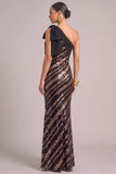 Sparkly Srquins Black Sheath One Shoulder Maxi Formal Dress with Bow