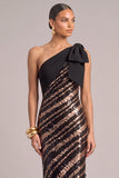 Sparkly Srquins Black Sheath One Shoulder Maxi Formal Dress with Bow