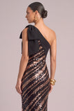 Sparkly Srquins Black Sheath One Shoulder Maxi Formal Dress with Bow