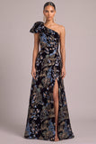 Black A-Line One Shoulder Floral Maxi Formal Dress with Slit