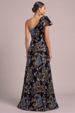 Black A-Line One Shoulder Floral Maxi Formal Dress with Slit