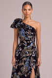 Black A-Line One Shoulder Floral Maxi Formal Dress with Slit