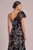 Black A-Line One Shoulder Floral Maxi Formal Dress with Slit