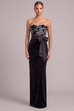 Black Sheath Strapless Floral Maxi Wedding Guest Dress with Bow