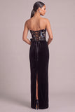 Black Sheath Strapless Floral Maxi Wedding Guest Dress with Bow