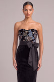 Black Sheath Strapless Floral Maxi Wedding Guest Dress with Bow