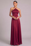 Burgundy Corset A-Line Halter Satin Maxi Formal Dress