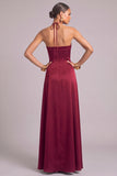 Burgundy Corset A-Line Halter Satin Maxi Formal Dress