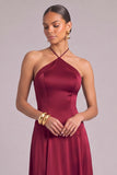 Burgundy Corset A-Line Halter Satin Maxi Formal Dress