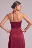 Burgundy Corset A-Line Halter Satin Maxi Formal Dress