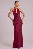 Burgundy Mermaid Halter Keyhole Maxi Formal Dress with Bow