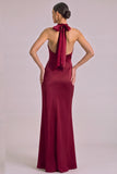 Burgundy Mermaid Halter Keyhole Maxi Formal Dress with Bow