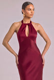 Burgundy Mermaid Halter Keyhole Maxi Formal Dress with Bow