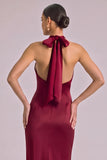 Burgundy Mermaid Halter Keyhole Maxi Formal Dress with Bow