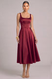 Burgundy Corset A-Line Square Neck Midi Formal Dress