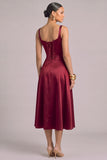 Burgundy Corset A-Line Square Neck Midi Formal Dress