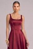 Burgundy Corset A-Line Square Neck Midi Formal Dress