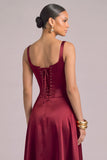 Burgundy Corset A-Line Square Neck Midi Formal Dress