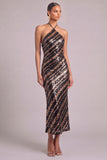 Brown Sparkly Sequins Sheath Halter Midi Formal Dress