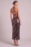 Brown Sparkly Sequins Sheath Halter Midi Formal Dress