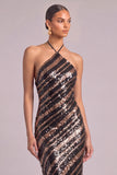Brown Sparkly Sequins Sheath Halter Midi Formal Dress