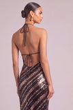 Brown Sparkly Sequins Sheath Halter Midi Formal Dress